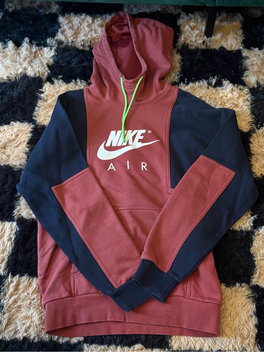 Nike Men's Crewneck Hoodie - Burgundy with Black Panels and Neon Green Drawcord